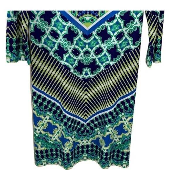 Maggy London Blue Green Geometric Print Sheath Dress Size 4 - Picture 3 of 11